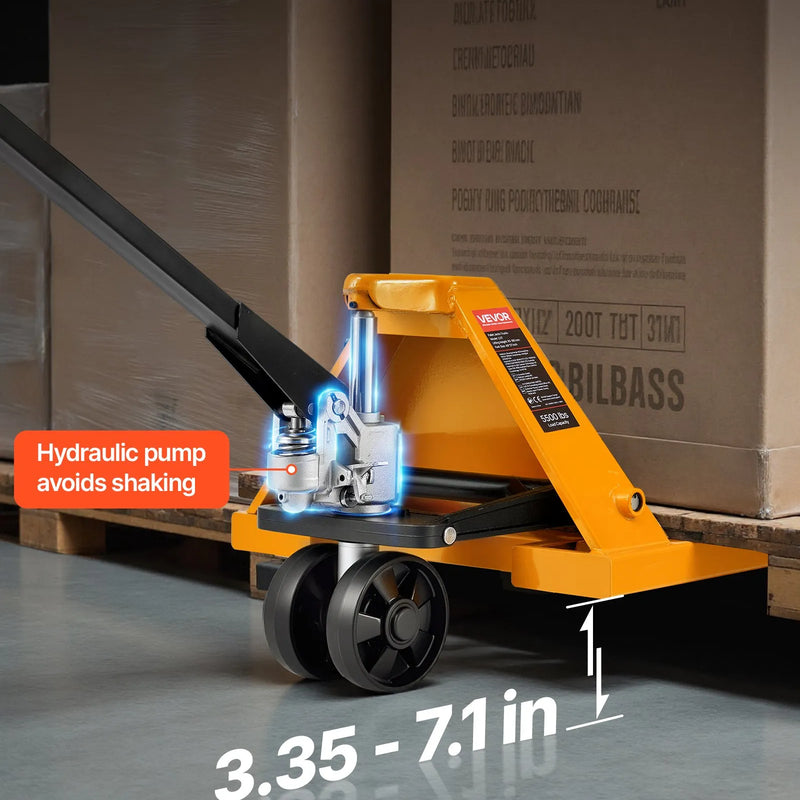 Rokas palešu rati, 2,5 t kravnesība, ar 122 × 68,6 cm dakšām materiālu pārvietošanai, dakšu pacelšanas augstuma diapazons 85-180 mm, piemēroti noliktavām, lielveikaliem un ražošanai