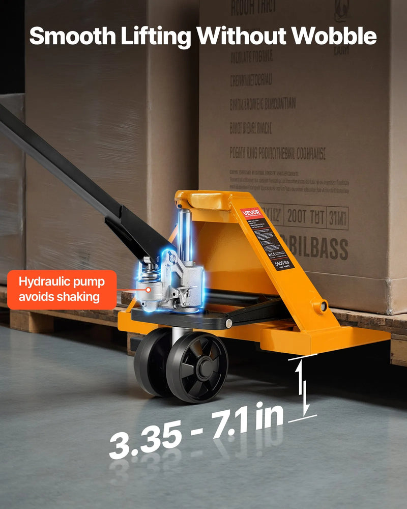 Rokas palešu rati, 2,5 t kravnesība, ar 122 × 68,6 cm dakšām materiālu pārvietošanai, dakšu pacelšanas augstuma diapazons 85–180 mm, piemēroti noliktavām, lielveikaliem un ražošanai