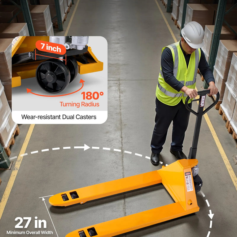 Rokas palešu rati, 2,5 t kravnesība, ar 122 × 68,6 cm dakšām materiālu pārvietošanai, dakšu pacelšanas augstuma diapazons 85-180 mm, piemēroti noliktavām, lielveikaliem un ražošanai