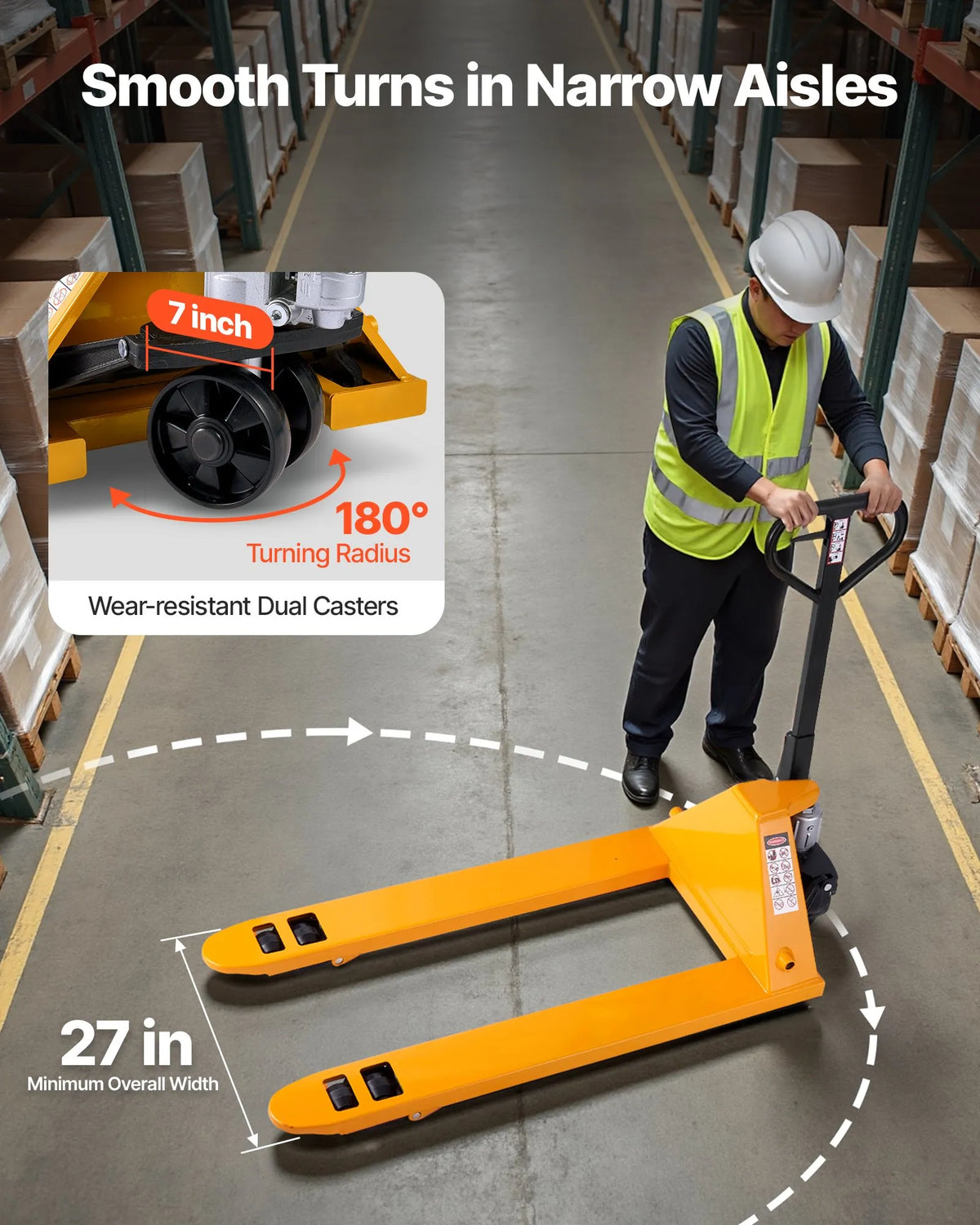 Hand pallet truck, 2.5 t load capacity, with 122 × 68.6 cm forks for material handling, fork lifting height range 85–180 mm, suitable for warehouses, supermarkets and manufacturing