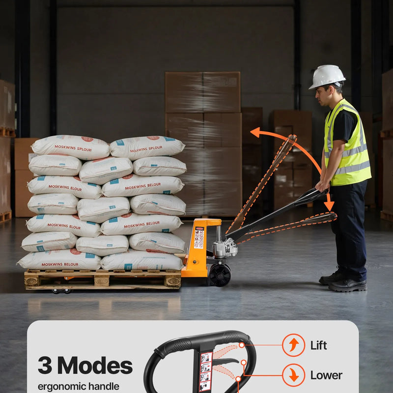 Rokas palešu rati, 2,5 t kravnesība, ar 122 × 68,6 cm dakšām materiālu pārvietošanai, dakšu pacelšanas augstuma diapazons 85-180 mm, piemēroti noliktavām, lielveikaliem un ražošanai