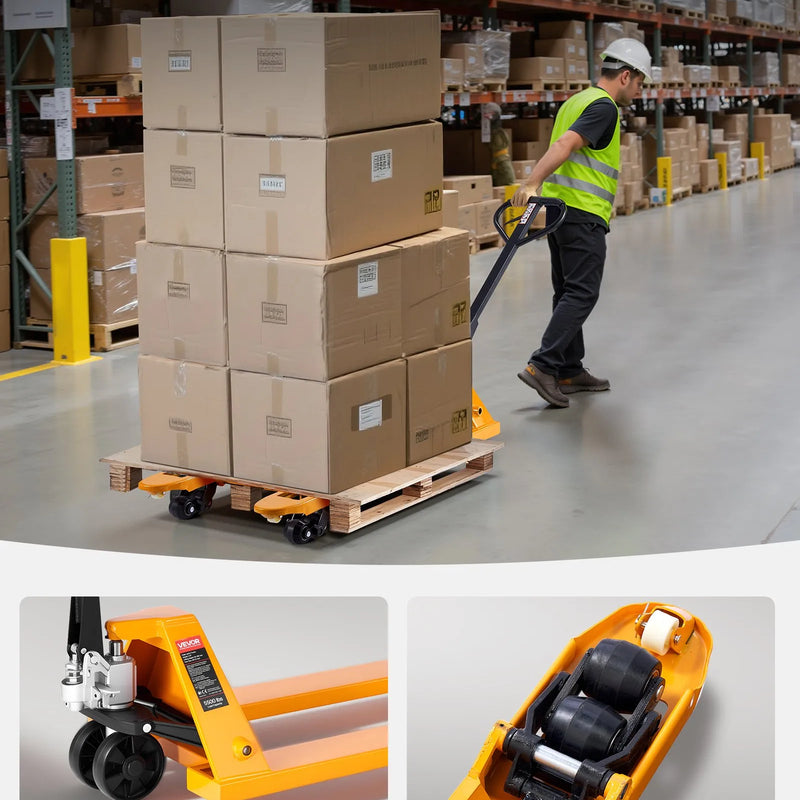 Rokas palešu rati, 2,5 t kravnesība, ar 122 × 68,6 cm dakšām materiālu pārvietošanai, dakšu pacelšanas augstuma diapazons 85-180 mm, piemēroti noliktavām, lielveikaliem un ražošanai