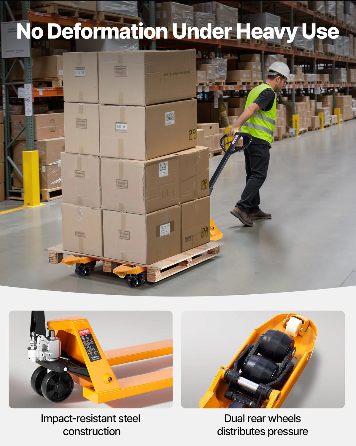 Hand pallet truck, 2.5 t load capacity, with 122 × 68.6 cm forks for material handling, fork lifting height range 85–180 mm, suitable for warehouses, supermarkets and manufacturing