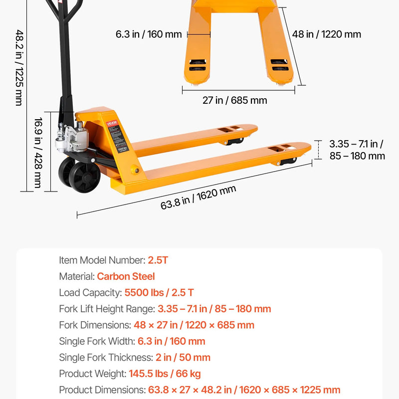 Rokas palešu rati, 2,5 t kravnesība, ar 122 × 68,6 cm dakšām materiālu pārvietošanai, dakšu pacelšanas augstuma diapazons 85-180 mm, piemēroti noliktavām, lielveikaliem un ražošanai