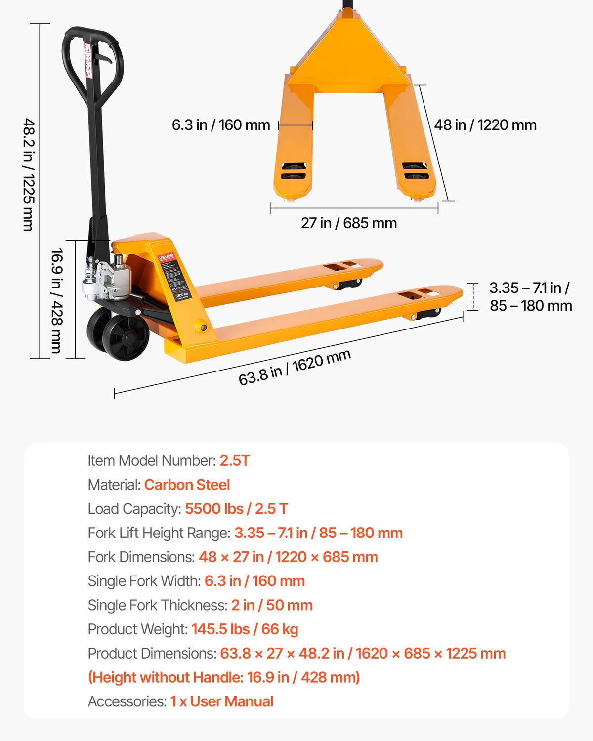 Hand pallet truck, 2.5 t load capacity, with 122 × 68.6 cm forks for material handling, fork lifting height range 85–180 mm, suitable for warehouses, supermarkets and manufacturing