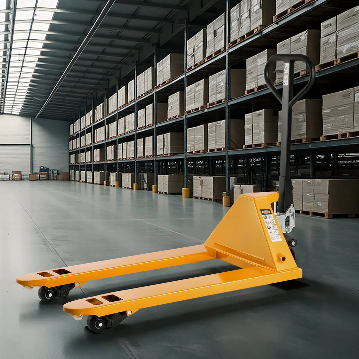 Hand pallet truck, 2.5 t load capacity, with 122 × 68.6 cm forks for material handling, fork lifting height range 85–180 mm, suitable for warehouses, supermarkets and manufacturing