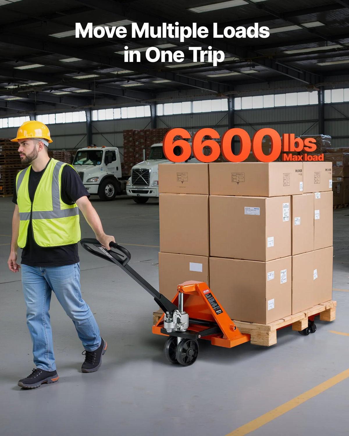Hand pallet truck, 3 t load capacity, with 122 × 68.6 cm forks for material handling, fork lifting height range 85–180 mm, suitable for warehouses, supermarkets and manufacturing
