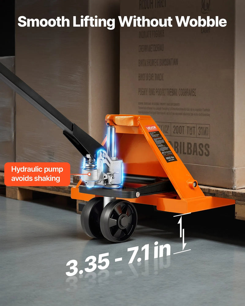Rokas palešu rati, 3 t kravnesība, ar 122 × 68,6 cm dakšām materiālu pārvietošanai, dakšu pacelšanas augstuma diapazons 85–180 mm, piemēroti noliktavām, lielveikaliem un ražošanai
