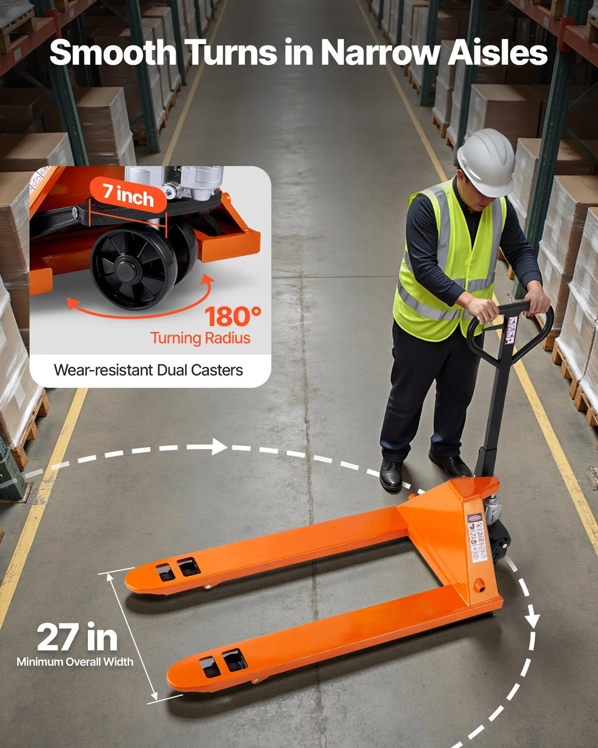 Hand pallet truck, 3 t load capacity, with 122 × 68.6 cm forks for material handling, fork lifting height range 85–180 mm, suitable for warehouses, supermarkets and manufacturing