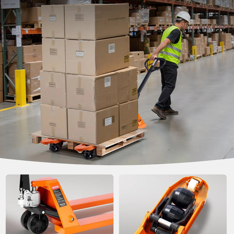 Rokas palešu rati, 3 t kravnesība, ar 122 × 68,6 cm dakšām materiālu pārvietošanai, dakšu pacelšanas augstuma diapazons 85-180 mm, piemēroti noliktavām, lielveikaliem un ražošanai