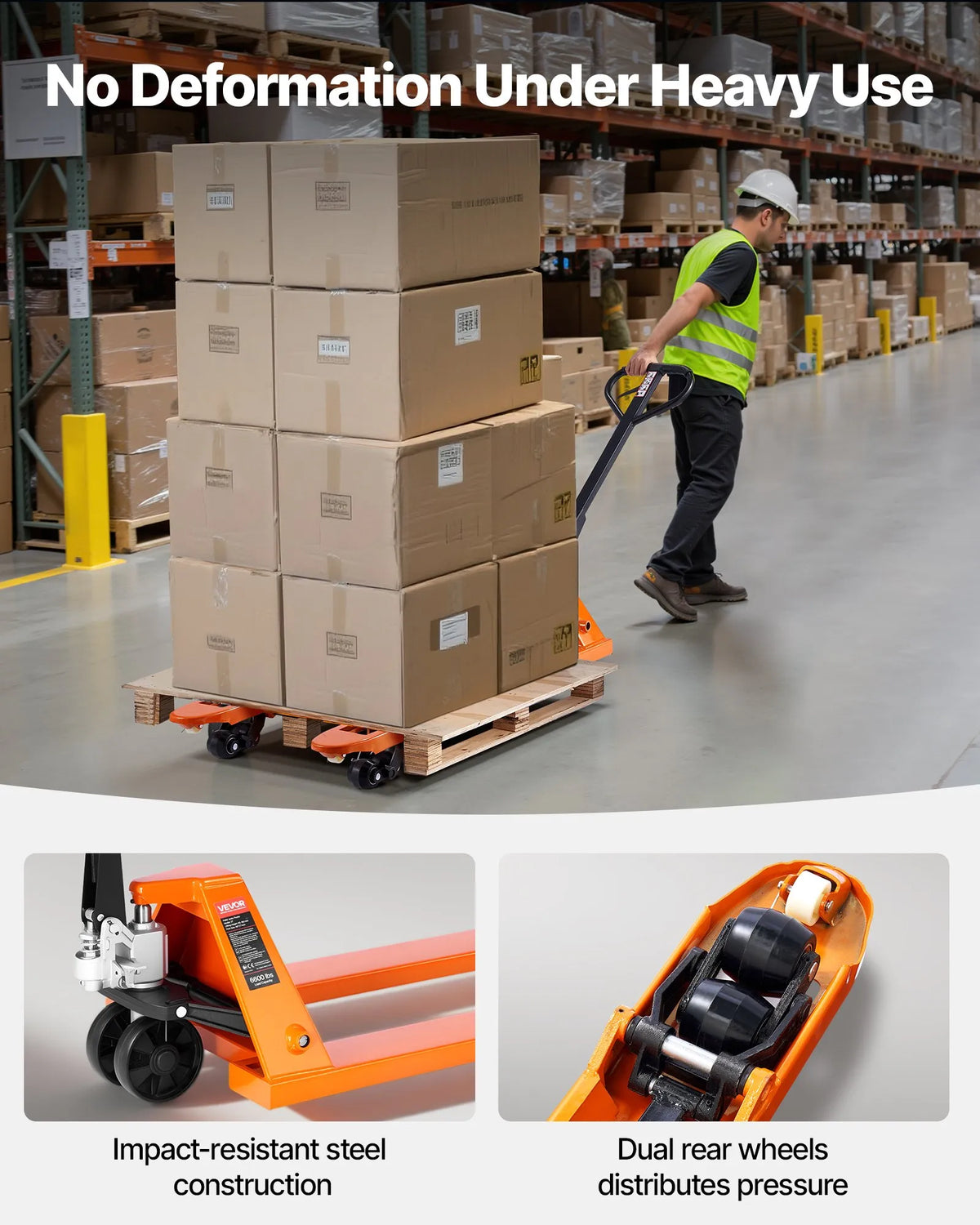 Hand pallet truck, 3 t load capacity, with 122 × 68.6 cm forks for material handling, fork lifting height range 85–180 mm, suitable for warehouses, supermarkets and manufacturing