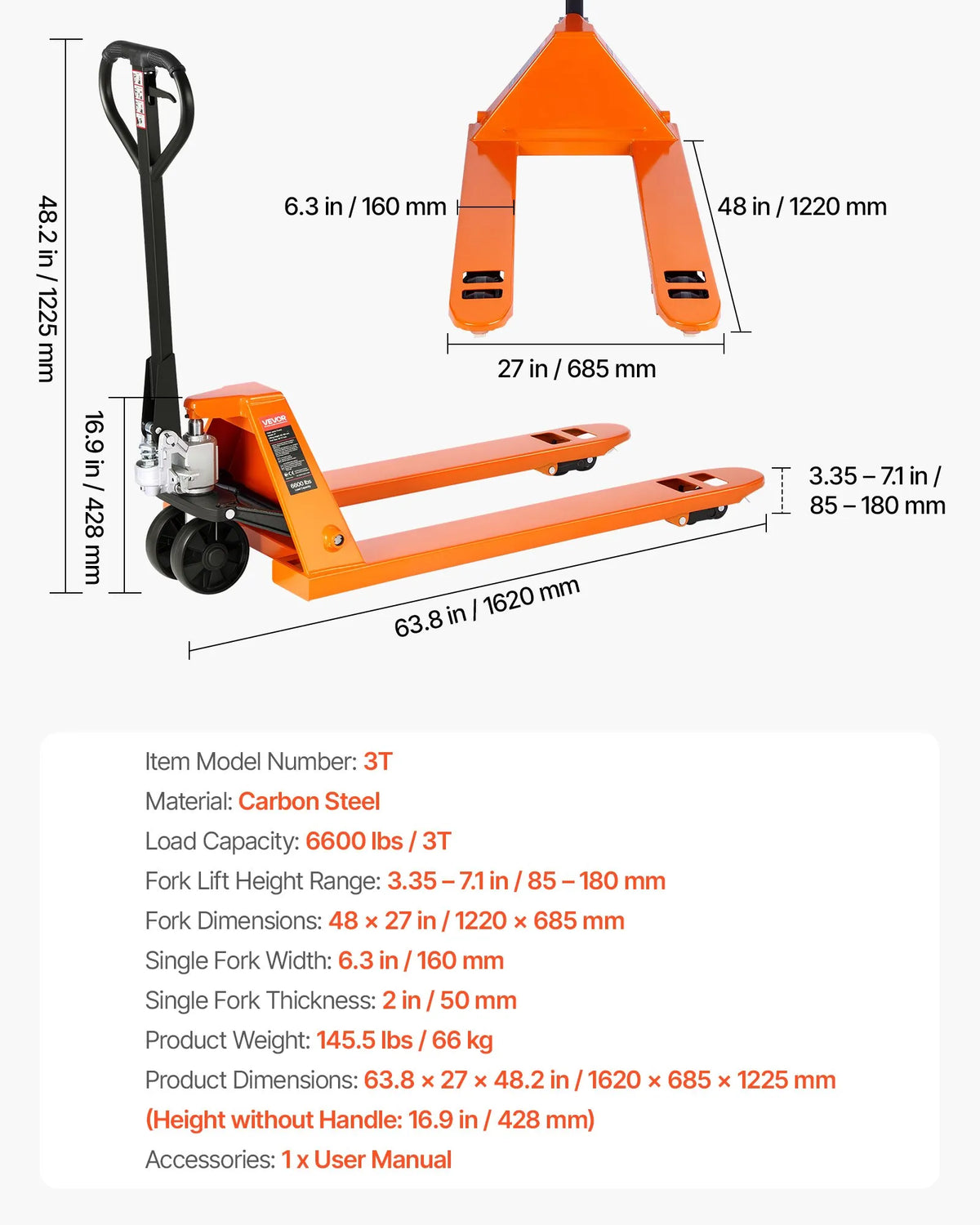 Hand pallet truck, 3 t load capacity, with 122 × 68.6 cm forks for material handling, fork lifting height range 85–180 mm, suitable for warehouses, supermarkets and manufacturing