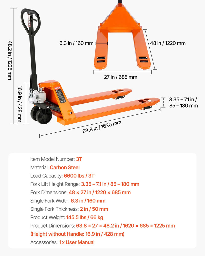 Rokas palešu rati, 3 t kravnesība, ar 122 × 68,6 cm dakšām materiālu pārvietošanai, dakšu pacelšanas augstuma diapazons 85–180 mm, piemēroti noliktavām, lielveikaliem un ražošanai