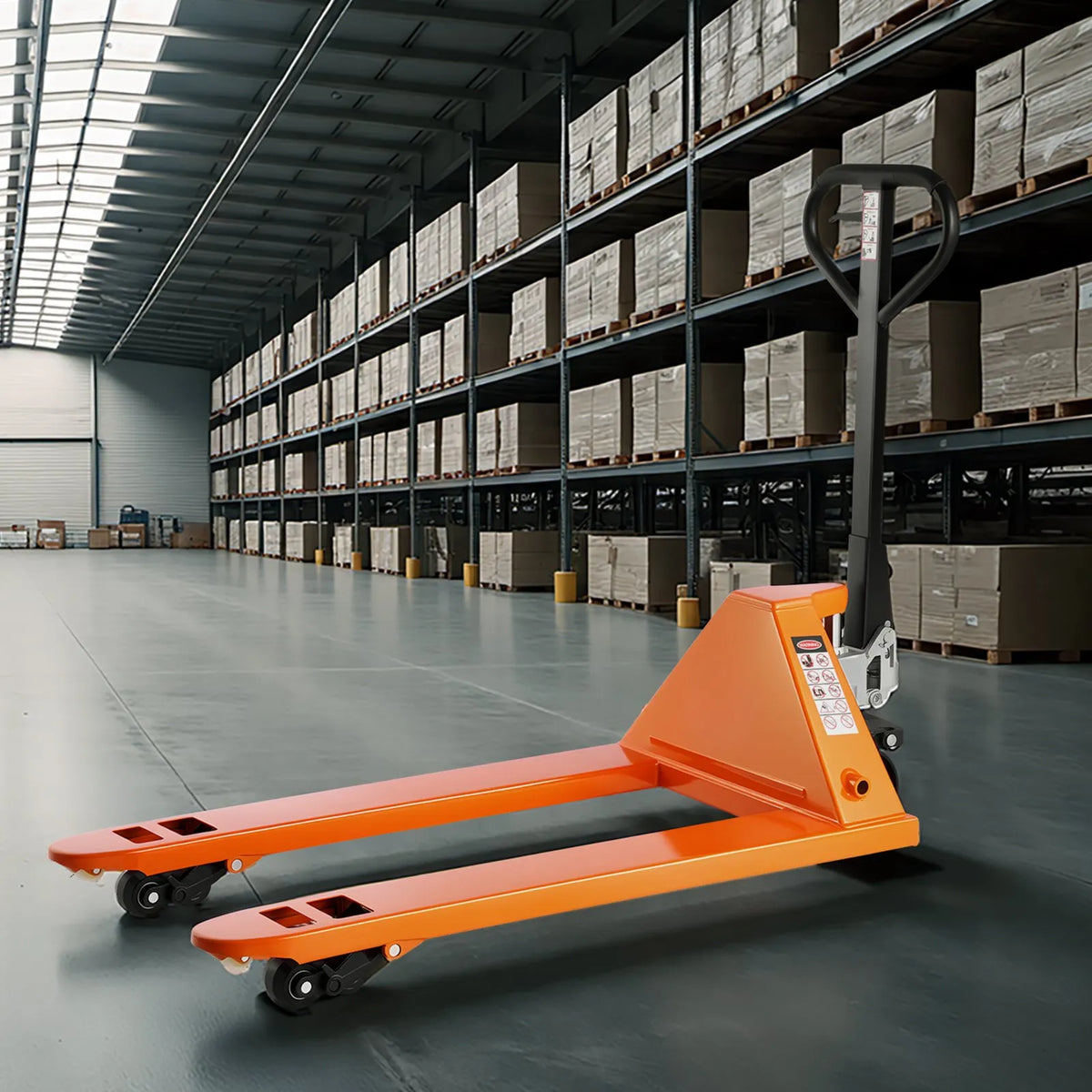 Hand pallet truck, 3 t load capacity, with 122 × 68.6 cm forks for material handling, fork lifting height range 85–180 mm, suitable for warehouses, supermarkets and manufacturing