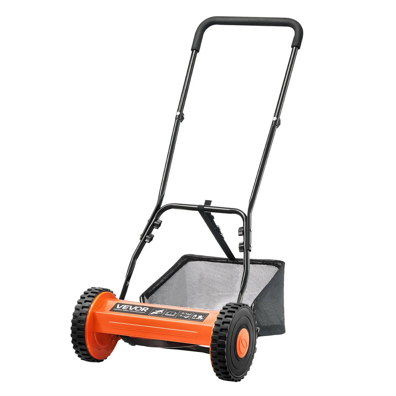 VEVOR manuālā cilindriskā zāles pļaujmašīna 35 cm ar 5 asmeņiem, bezmotora stumjama zāles pļaujmašīna ar regulējamu pļaušanas augstumu 15–45 mm un zāles savākšanas maisu, piemērota zālieniem, piebraucamajiem ceļiem un pagalmiem - ZEMLETES.LV