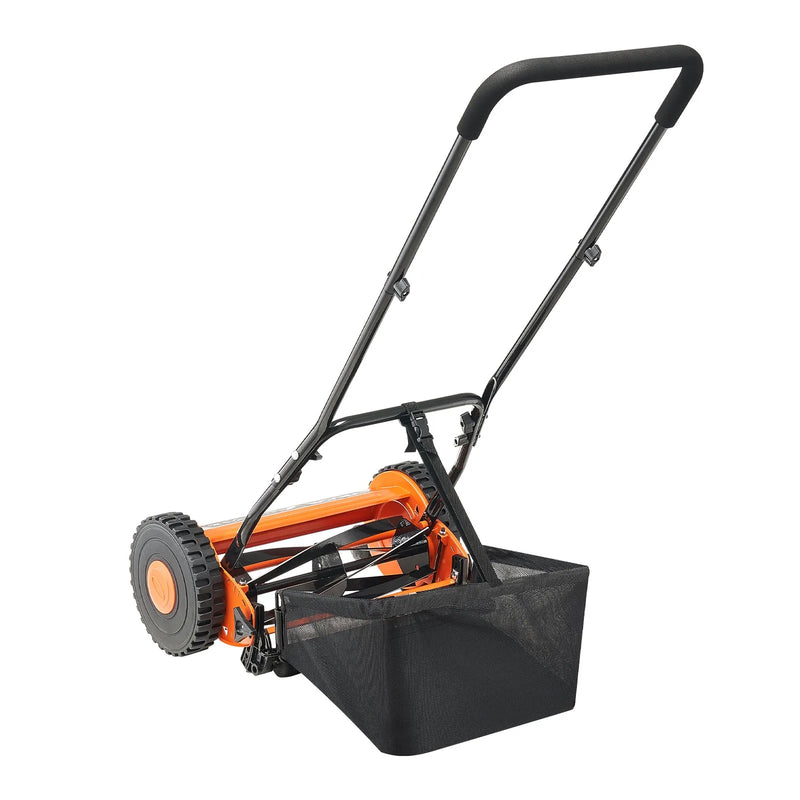 VEVOR manuālā cilindriskā zāles pļaujmašīna 35 cm ar 5 asmeņiem, bezmotora stumjama zāles pļaujmašīna ar regulējamu pļaušanas augstumu 15–45 mm un zāles savākšanas maisu, piemērota zālieniem, piebraucamajiem ceļiem un pagalmiem - ZEMLETES.LV