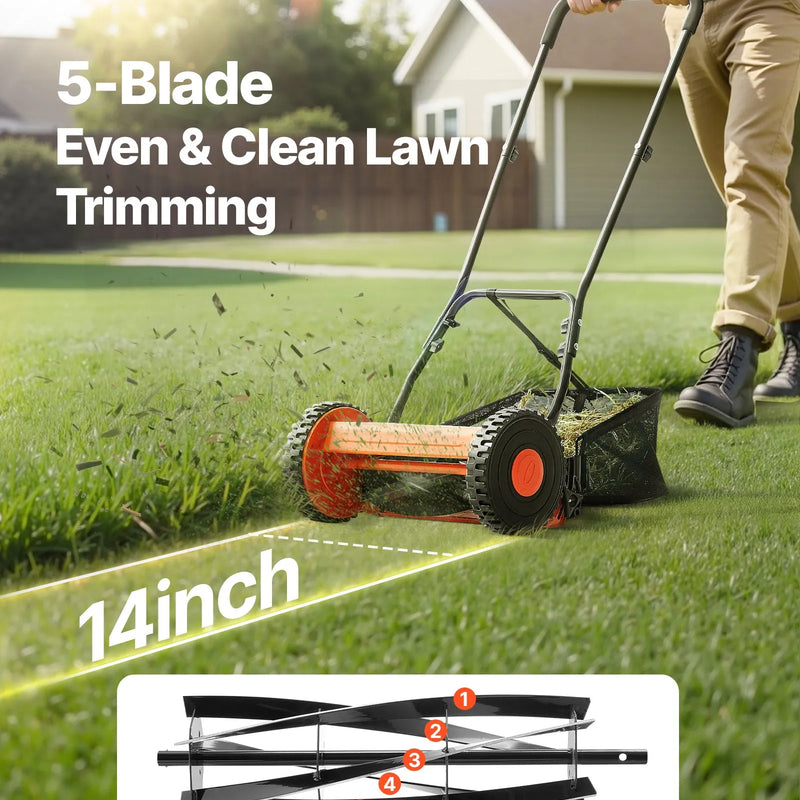 VEVOR manuālā cilindriskā zāles pļaujmašīna 35 cm ar 5 asmeņiem, bezmotora stumjama zāles pļaujmašīna ar regulējamu pļaušanas augstumu 15–45 mm un zāles savākšanas maisu, piemērota zālieniem, piebraucamajiem ceļiem un pagalmiem - ZEMLETES.LV