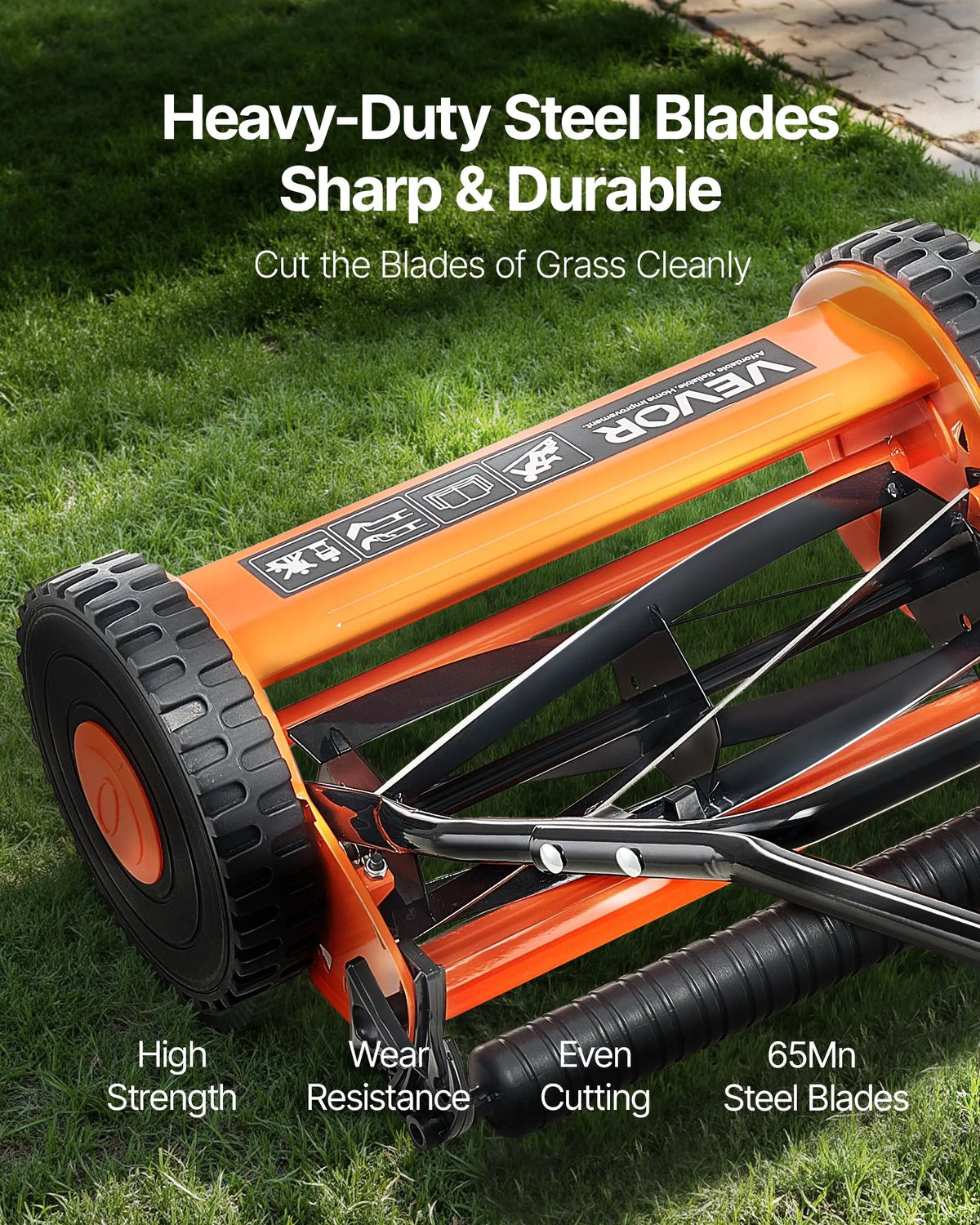VEVOR Mehāniskais stumjamais zāles pļāvējs 40 cm ar 5 asmeņiem, bez motora, regulējams pļaušanas augstums 15–45 mm, ar zāles savācējgrozu, piemērots zālieniem, piebraucamajiem ceļiem un pagalmiem - ZEMLETES.LV