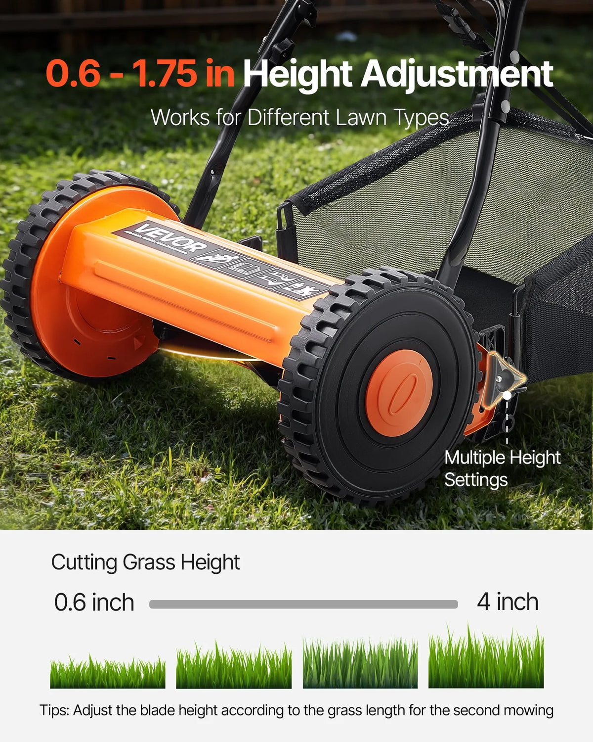VEVOR Mehāniskais stumjamais zāles pļāvējs 40 cm ar 5 asmeņiem, bez motora, regulējams pļaušanas augstums 15–45 mm, ar zāles savācējgrozu, piemērots zālieniem, piebraucamajiem ceļiem un pagalmiem - ZEMLETES.LV