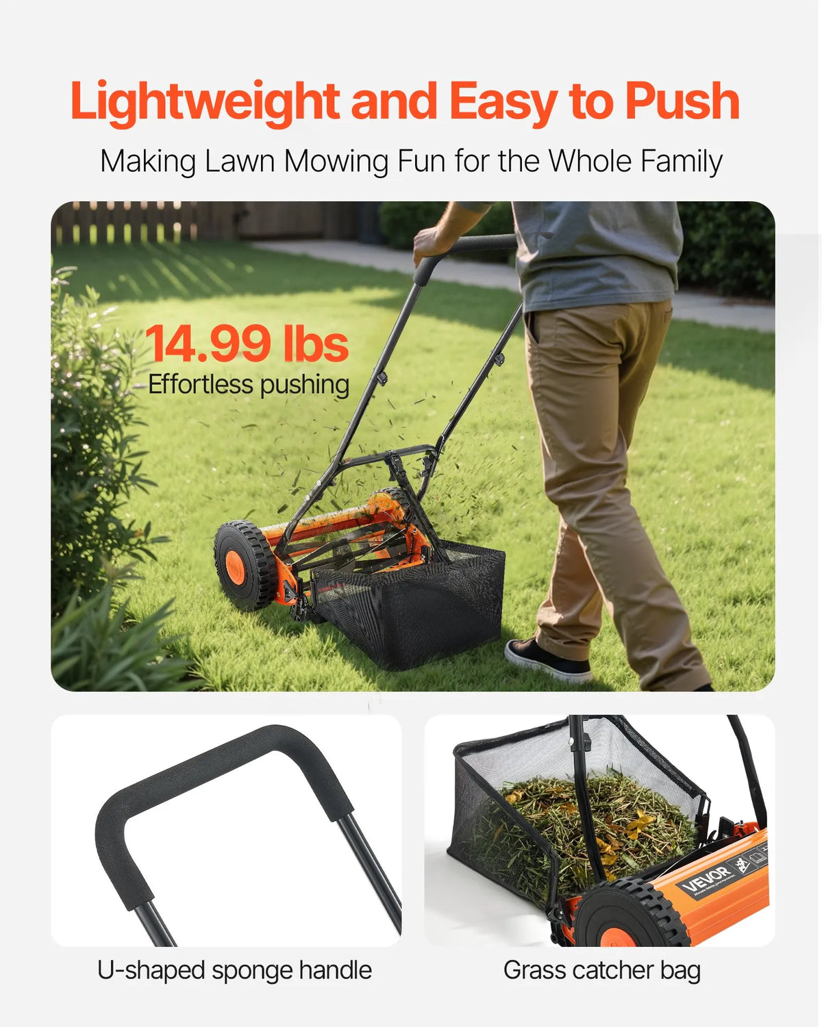 VEVOR Mehāniskais stumjamais zāles pļāvējs 40 cm ar 5 asmeņiem, bez motora, regulējams pļaušanas augstums 15–45 mm, ar zāles savācējgrozu, piemērots zālieniem, piebraucamajiem ceļiem un pagalmiem - ZEMLETES.LV