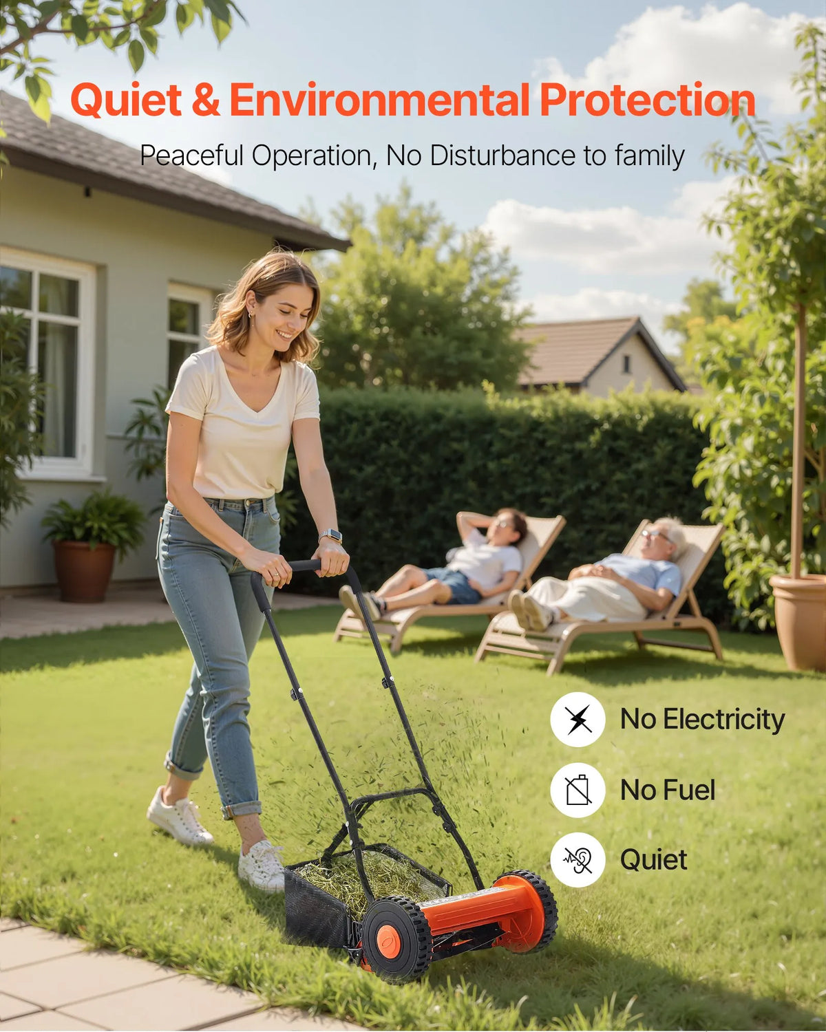 VEVOR Mehāniskais stumjamais zāles pļāvējs 40 cm ar 5 asmeņiem, bez motora, regulējams pļaušanas augstums 15–45 mm, ar zāles savācējgrozu, piemērots zālieniem, piebraucamajiem ceļiem un pagalmiem - ZEMLETES.LV