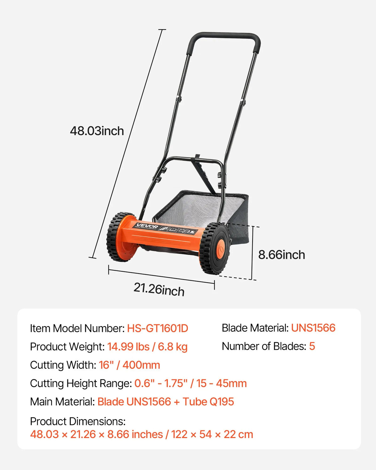 VEVOR Mehāniskais stumjamais zāles pļāvējs 40 cm ar 5 asmeņiem, bez motora, regulējams pļaušanas augstums 15–45 mm, ar zāles savācējgrozu, piemērots zālieniem, piebraucamajiem ceļiem un pagalmiem - ZEMLETES.LV