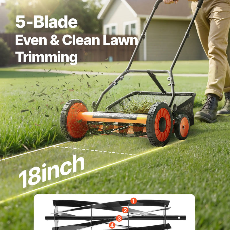 VEVOR manuālais stumjamais ruļļa zāles pļāvējs 45 cm, 5 asmeņi, bez motora, regulējams pļaušanas augstums 35–62 mm, zāles pļāvējs ar zāles savākšanas maisu zālieniem, piebraucamajiem ceļiem un pagalmiem - ZEMLETES.LV