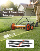 VEVOR manuālais stumjamais ruļļa zāles pļāvējs 45 cm, 5 asmeņi, bez motora, regulējams pļaušanas augstums 35–62 mm, zāles pļāvējs ar zāles savākšanas maisu zālieniem, piebraucamajiem ceļiem un pagalmiem - ZEMLETES.LV