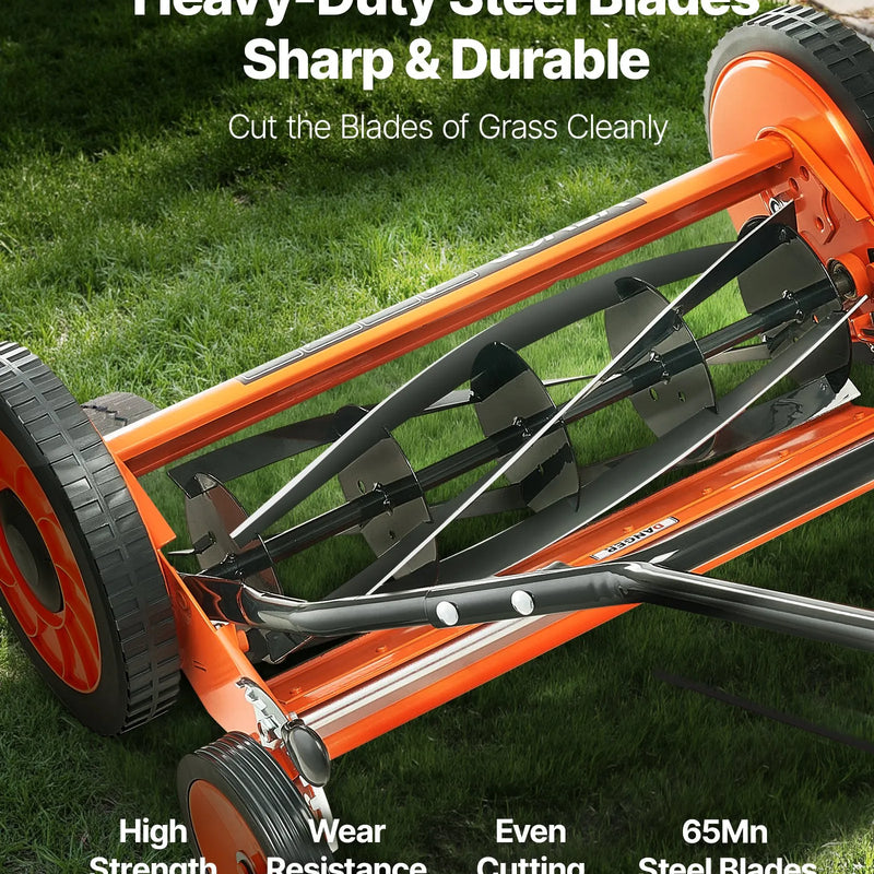 VEVOR manuālais stumjamais ruļļa zāles pļāvējs 45 cm, 5 asmeņi, bez motora, regulējams pļaušanas augstums 35–62 mm, zāles pļāvējs ar zāles savākšanas maisu zālieniem, piebraucamajiem ceļiem un pagalmiem - ZEMLETES.LV