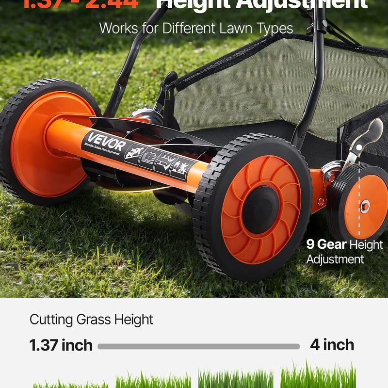 VEVOR manuālais stumjamais ruļļa zāles pļāvējs 45 cm, 5 asmeņi, bez motora, regulējams pļaušanas augstums 35–62 mm, zāles pļāvējs ar zāles savākšanas maisu zālieniem, piebraucamajiem ceļiem un pagalmiem - ZEMLETES.LV