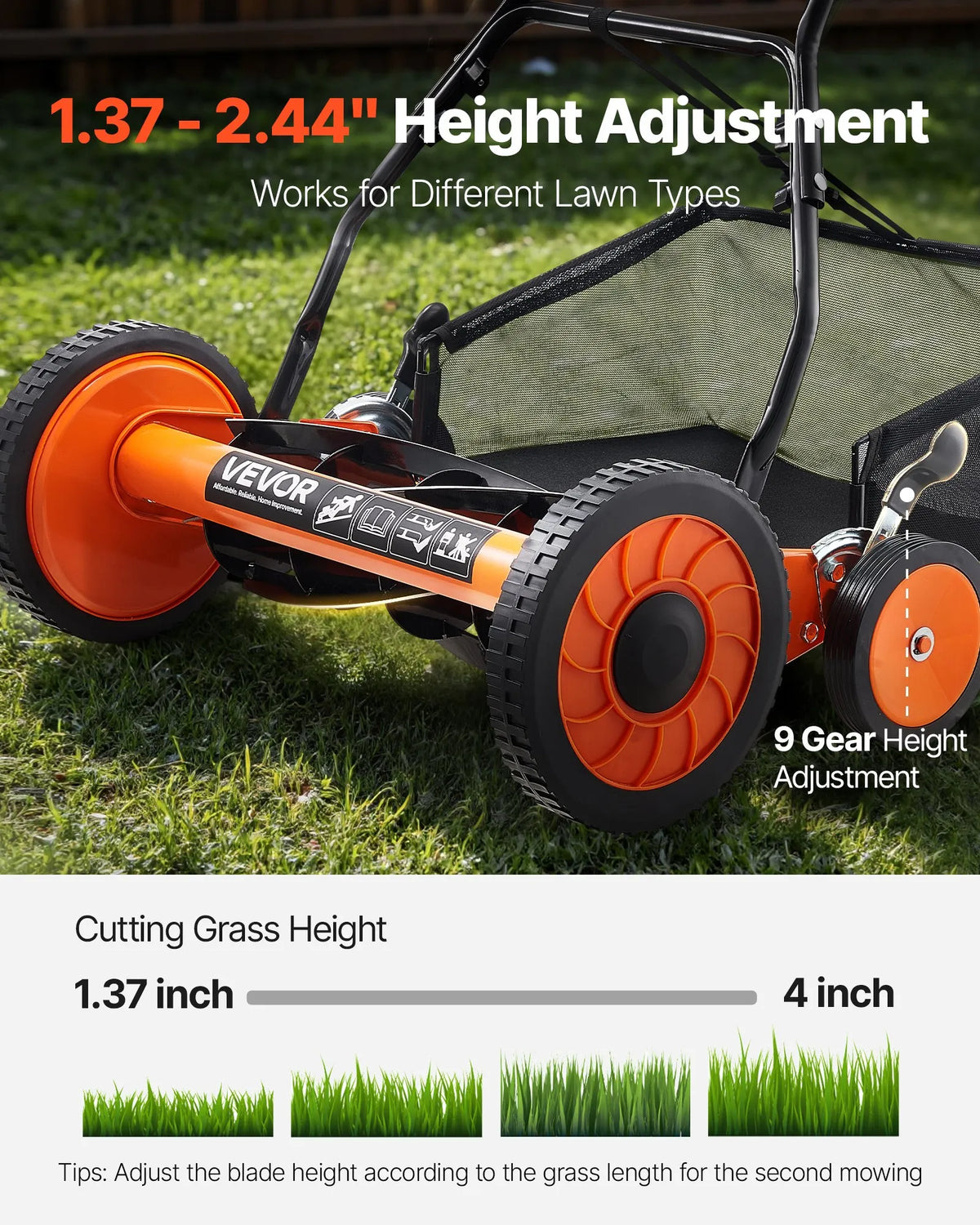 VEVOR manuālais stumjamais ruļļa zāles pļāvējs 45 cm, 5 asmeņi, bez motora, regulējams pļaušanas augstums 35–62 mm, zāles pļāvējs ar zāles savākšanas maisu zālieniem, piebraucamajiem ceļiem un pagalmiem - ZEMLETES.LV