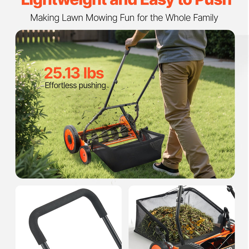 VEVOR manuālais stumjamais ruļļa zāles pļāvējs 45 cm, 5 asmeņi, bez motora, regulējams pļaušanas augstums 35–62 mm, zāles pļāvējs ar zāles savākšanas maisu zālieniem, piebraucamajiem ceļiem un pagalmiem - ZEMLETES.LV