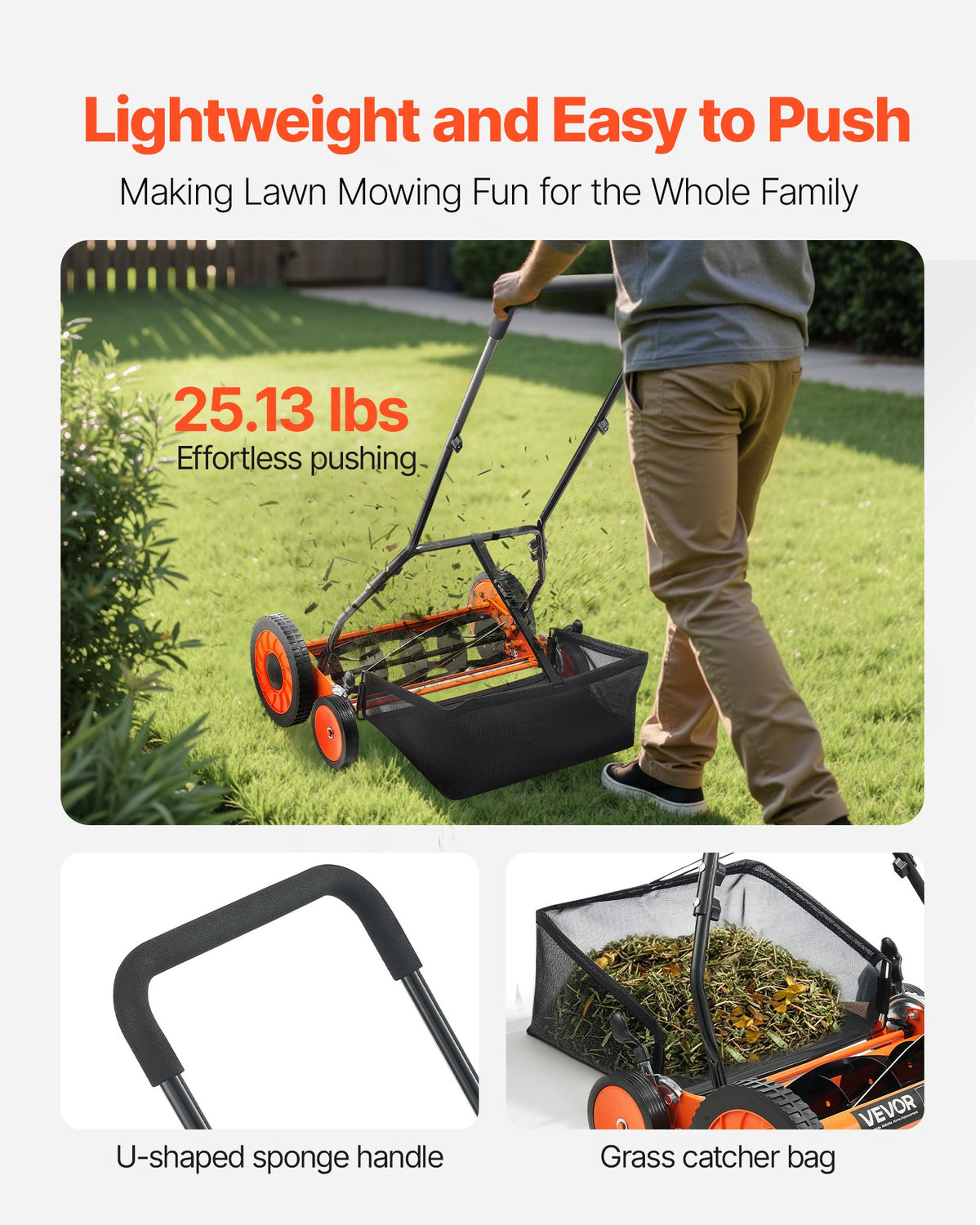 VEVOR manuālais stumjamais ruļļa zāles pļāvējs 45 cm, 5 asmeņi, bez motora, regulējams pļaušanas augstums 35–62 mm, zāles pļāvējs ar zāles savākšanas maisu zālieniem, piebraucamajiem ceļiem un pagalmiem - ZEMLETES.LV