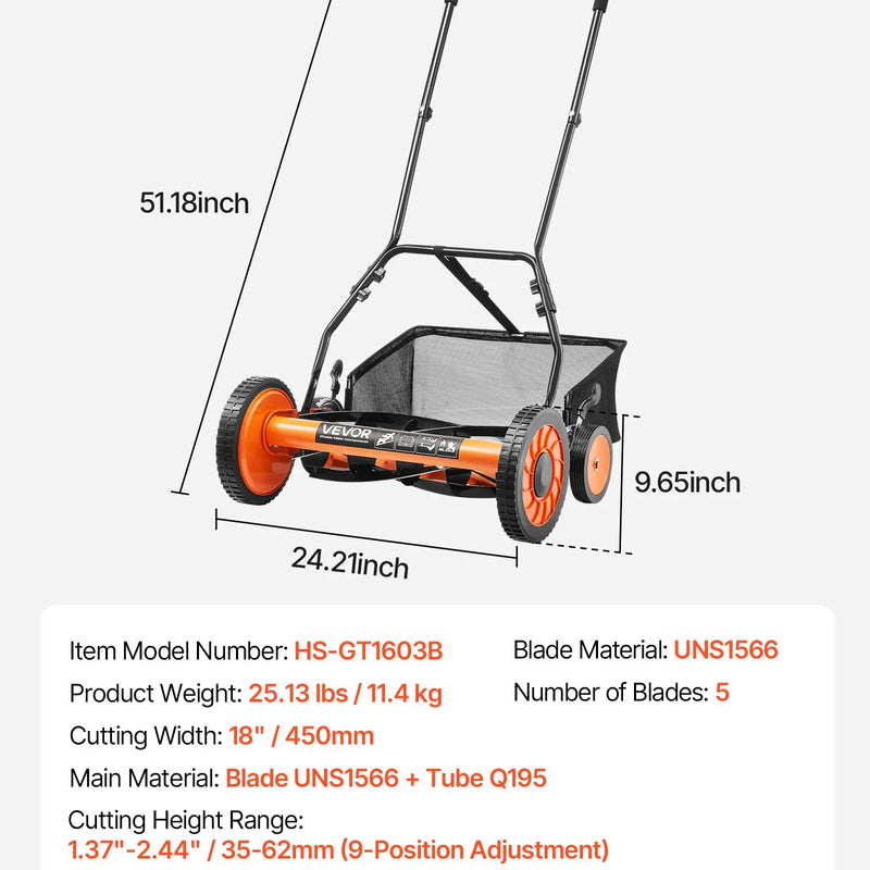 VEVOR manuālais stumjamais ruļļa zāles pļāvējs 45 cm, 5 asmeņi, bez motora, regulējams pļaušanas augstums 35–62 mm, zāles pļāvējs ar zāles savākšanas maisu zālieniem, piebraucamajiem ceļiem un pagalmiem - ZEMLETES.LV