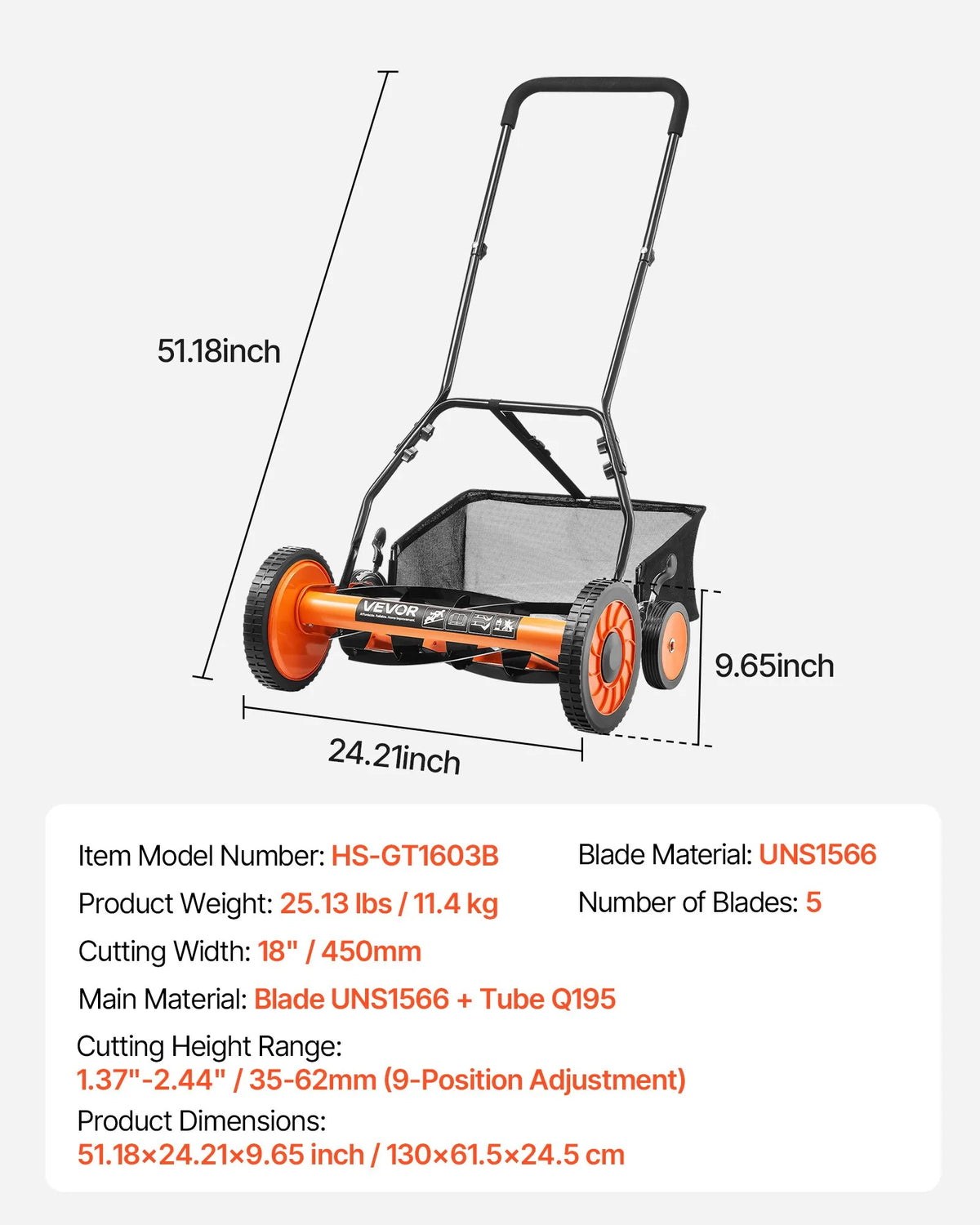 VEVOR manuālais stumjamais ruļļa zāles pļāvējs 45 cm, 5 asmeņi, bez motora, regulējams pļaušanas augstums 35–62 mm, zāles pļāvējs ar zāles savākšanas maisu zālieniem, piebraucamajiem ceļiem un pagalmiem - ZEMLETES.LV