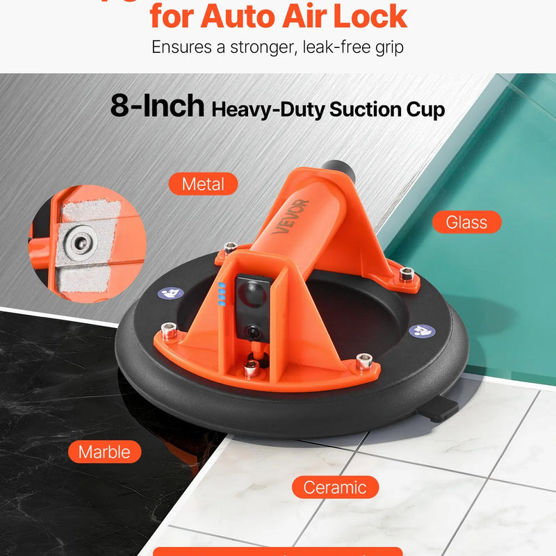 VEVOR vakuuma piesūcekņa pacēlājs, 203 mm, ar ABS rokturi, maksimālā pacelšanas kapacitāte 180 kg, piemērots flīzēm, granītam, ģipškartonam un logiem, komplektā pārvadāšanas soma (1 gab.)