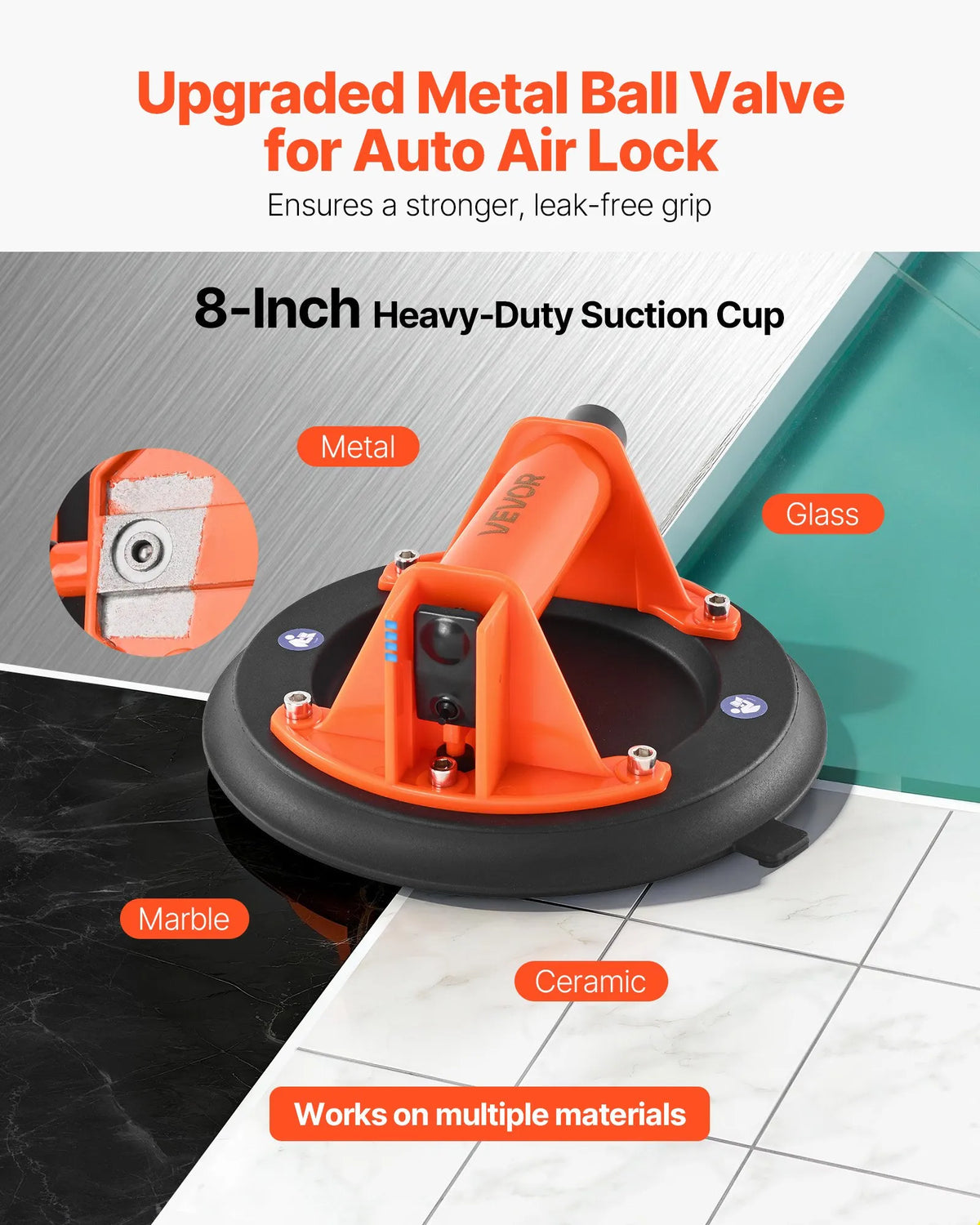VEVOR Vacuum Suction Cup Lifter, 203 mm, with ABS Handle, Maximum Lifting Capacity 180 kg, Suitable for Tiles, Granite, Drywall and Windows, Includes Carrying Bag (1 pc.)