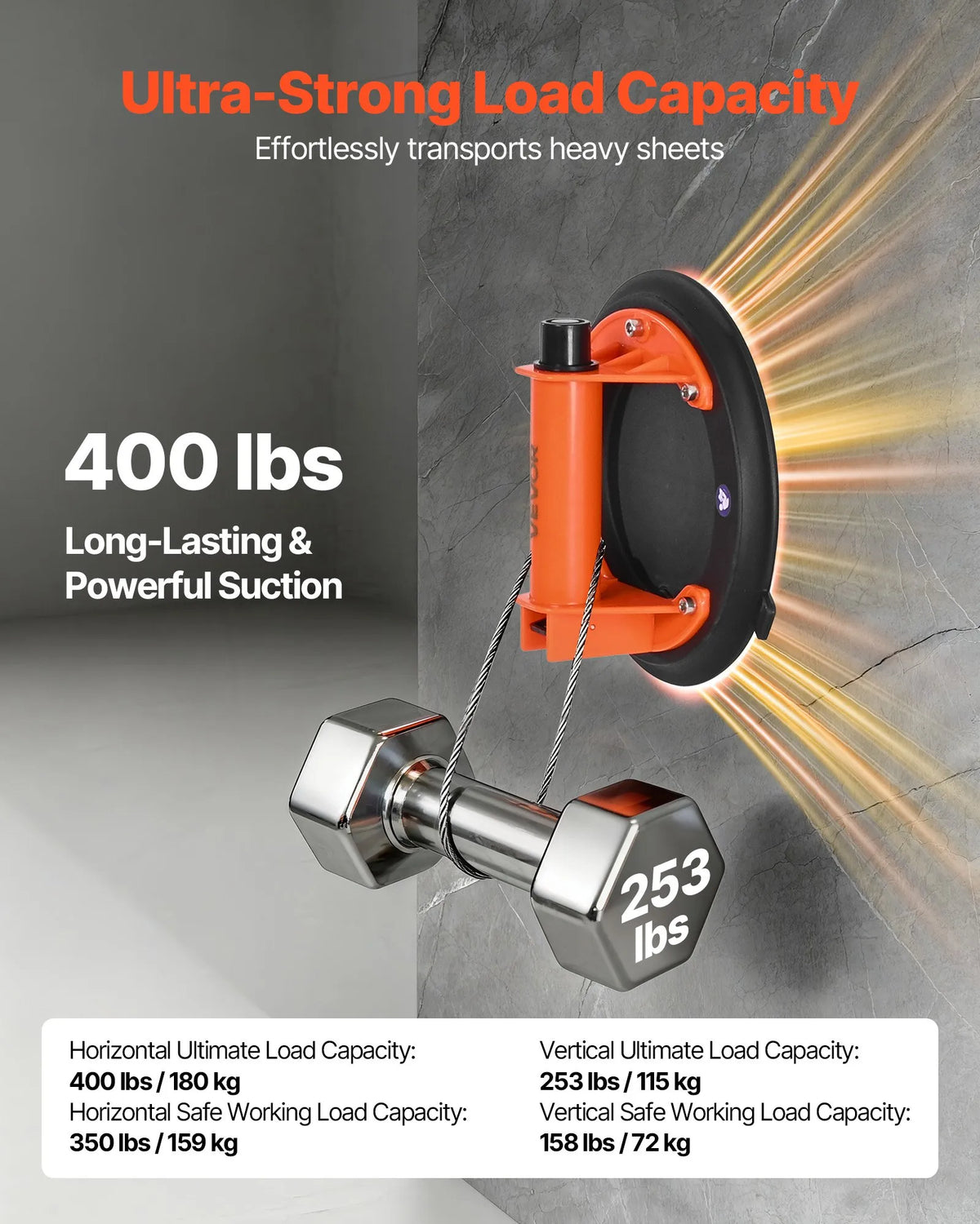 VEVOR Vacuum Suction Cup Lifter, 203 mm, with ABS Handle, Maximum Lifting Capacity 180 kg, Suitable for Tiles, Granite, Drywall and Windows, Includes Carrying Bag (1 pc.)