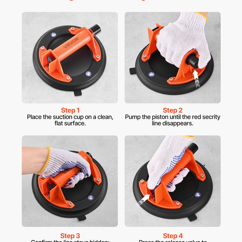 VEVOR vakuuma piesūcekņa pacēlājs, 203 mm, ar ABS rokturi, maksimālā pacelšanas kapacitāte 180 kg, piemērots flīzēm, granītam, ģipškartonam un logiem, komplektā pārvadāšanas soma (1 gab.)