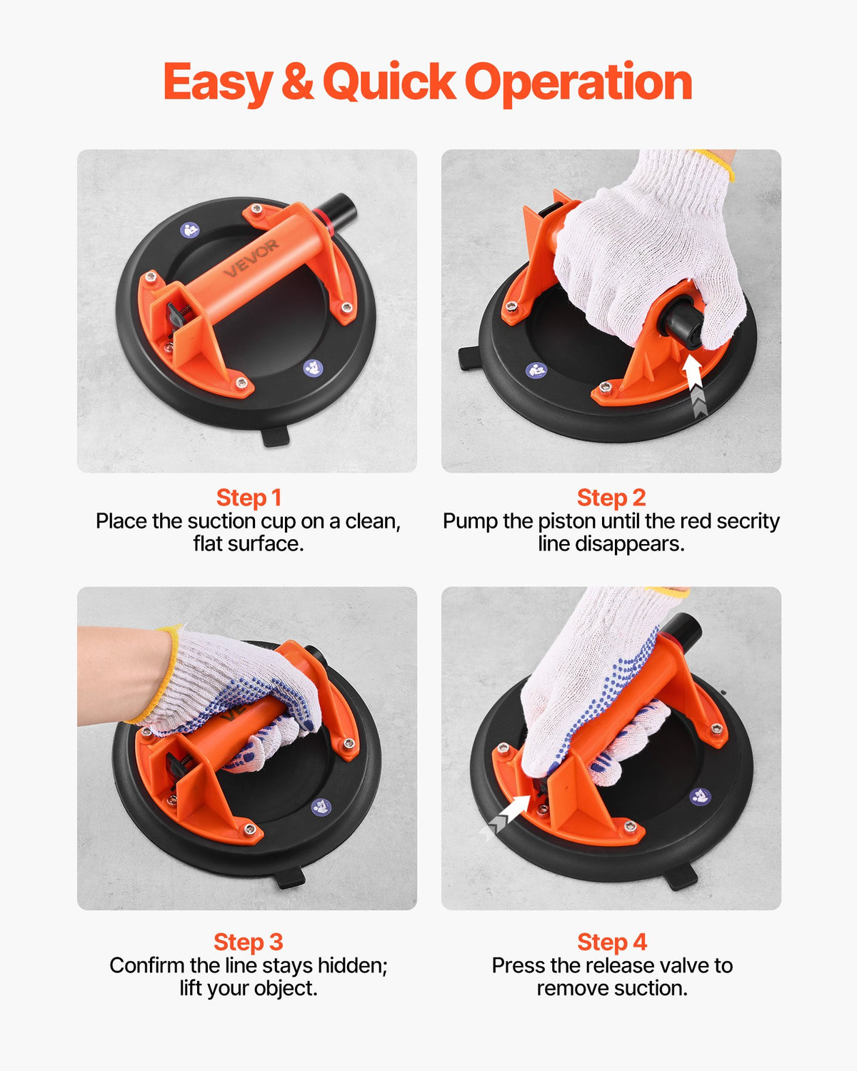 VEVOR Vacuum Suction Cup Lifter, 203 mm, with ABS Handle, Maximum Lifting Capacity 180 kg, Suitable for Tiles, Granite, Drywall and Windows, Includes Carrying Bag (1 pc.)