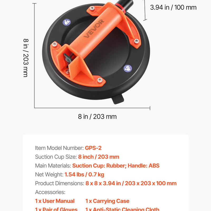 VEVOR vakuuma piesūcekņa pacēlājs, 203 mm, ar ABS rokturi, maksimālā pacelšanas kapacitāte 180 kg, piemērots flīzēm, granītam, ģipškartonam un logiem, komplektā pārvadāšanas soma (1 gab.)