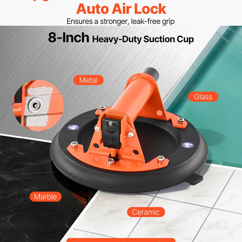 VEVOR vakuuma piesūcekņa pacēlājs, 203 mm, ar metāla rokturi, maksimālā pacelšanas kapacitāte 195 kg, piemērots flīzēm, granītam, ģipškartonam un logiem, komplektā pārvadāšanas soma (2 gab.)