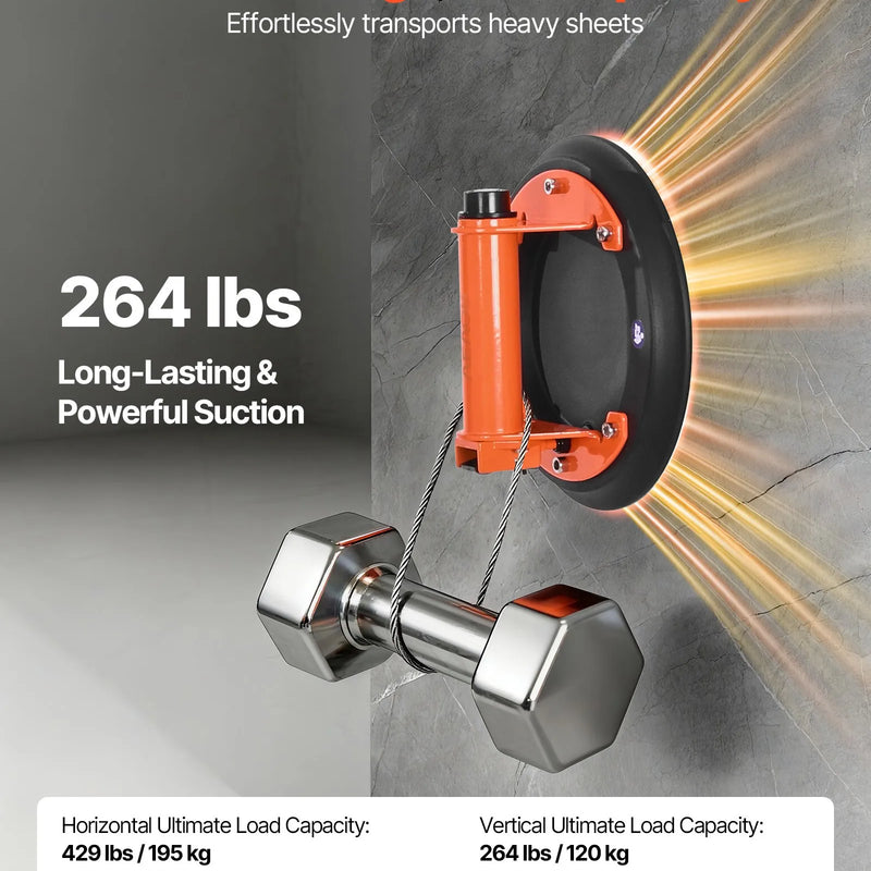 VEVOR vakuuma piesūcekņa pacēlājs, 203 mm, ar metāla rokturi, maksimālā pacelšanas kapacitāte 195 kg, piemērots flīzēm, granītam, ģipškartonam un logiem, komplektā pārvadāšanas soma (2 gab.)