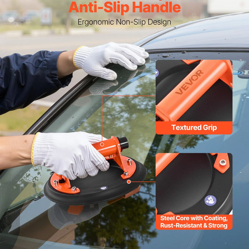 VEVOR vakuuma piesūcekņa pacēlājs, 203 mm, ar metāla rokturi, maksimālā pacelšanas kapacitāte 195 kg, piemērots flīzēm, granītam, ģipškartonam un logiem, komplektā pārvadāšanas soma (2 gab.)