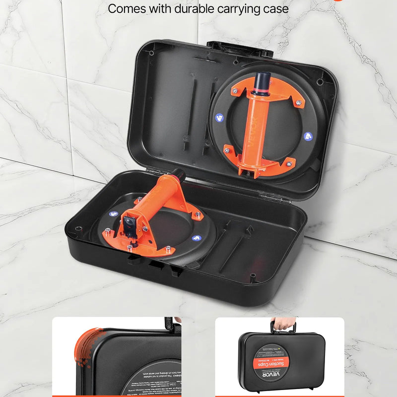 VEVOR vakuuma piesūcekņa pacēlājs, 203 mm, ar metāla rokturi, maksimālā pacelšanas kapacitāte 195 kg, piemērots flīzēm, granītam, ģipškartonam un logiem, komplektā pārvadāšanas soma (2 gab.)