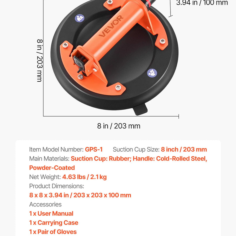 VEVOR vakuuma piesūcekņa pacēlājs, 203 mm, ar metāla rokturi, maksimālā pacelšanas kapacitāte 195 kg, piemērots flīzēm, granītam, ģipškartonam un logiem, komplektā pārvadāšanas soma (2 gab.)