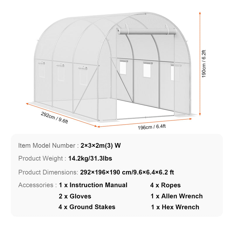 VEVOR pārnēsājama augu siltumnīca 2,92 x 1,96 x 1,90 m, galvanizēts rāmis, PE pārklājums, balta