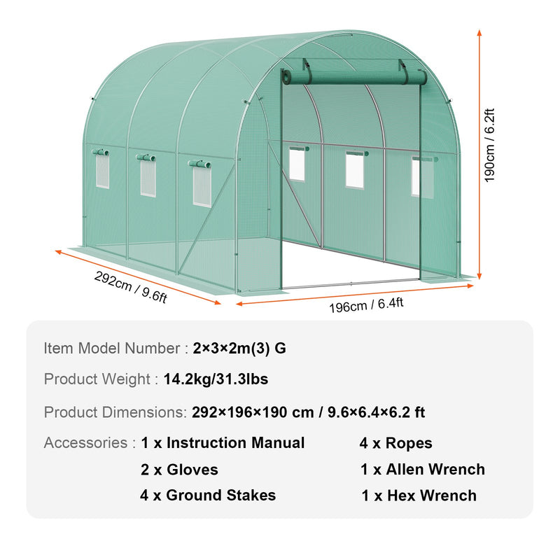 VEVOR pārnēsājama augu siltumnīca 2,92 x 1,96 x 1,90 m, galvanizēts rāmis, PE pārklājums, zaļa