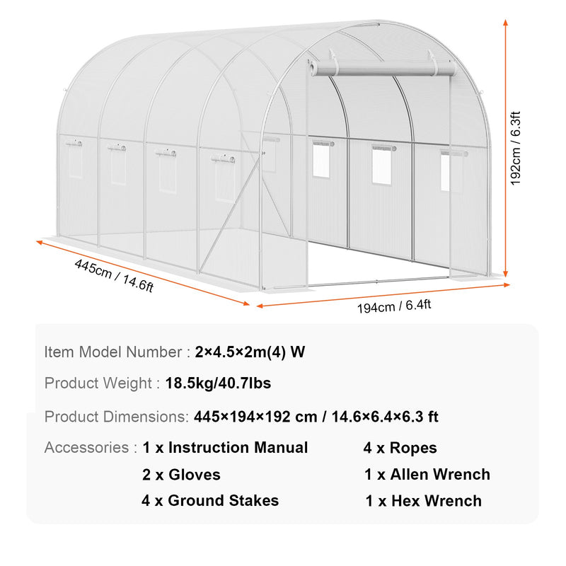 VEVOR pārnēsājama augu siltumnīca 4,45 x 1,94 x 1,92 m, galvanizēts rāmis, PE pārklājums, balta