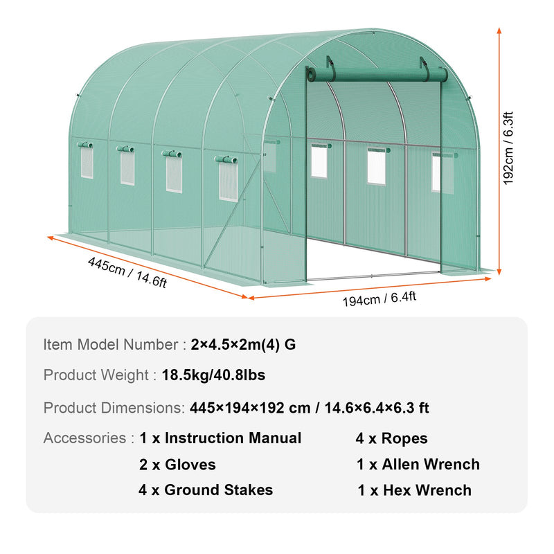 VEVOR pārnēsājama augu siltumnīca 4,45 x 1,94 x 1,92 m, galvanizēts rāmis, PE pārklājums, zaļa